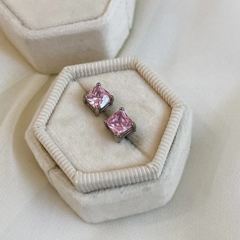 VTG Silver Pink Square Stud Earrings